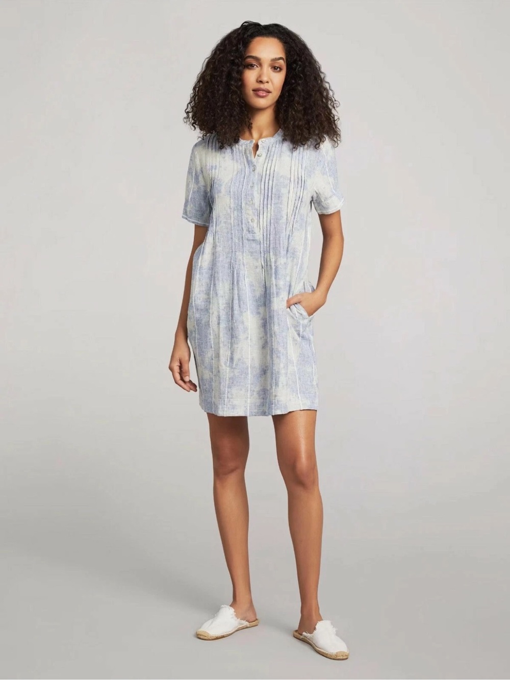 Faherty Gemina Blue Sky Linen Dress Short Sleeve Pockets Medium $168